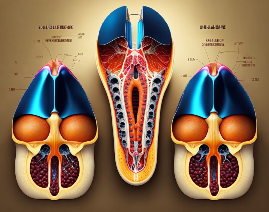 Detailed Illustration: Human Tooth Cross-Sectional Views with Enamel, Dentin, Pulp