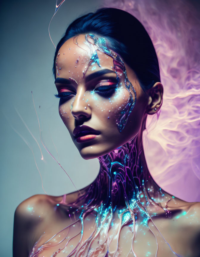 Vibrant neon makeup with glowing electric circuit lines on woman against purple haze background