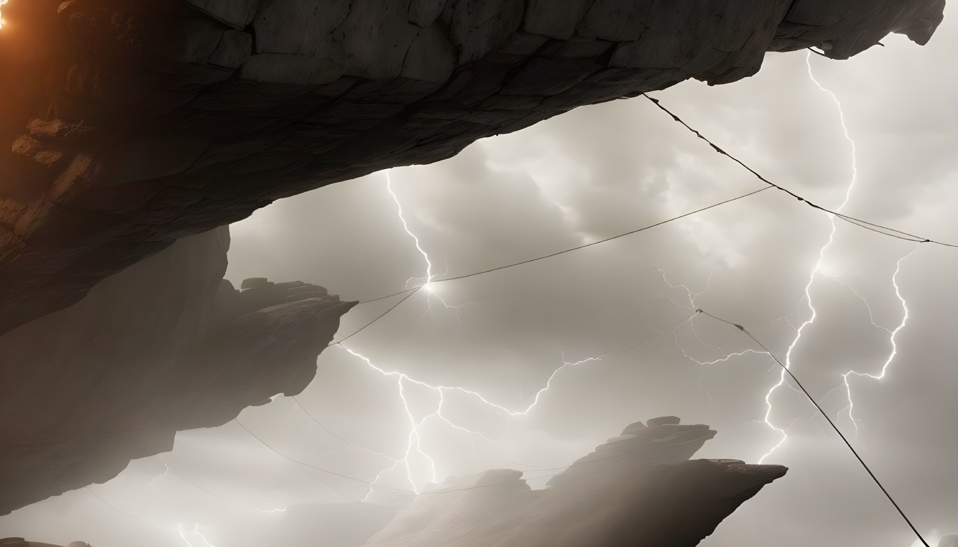 Stormy Sky with Lightning Bolts Viewed from Cave