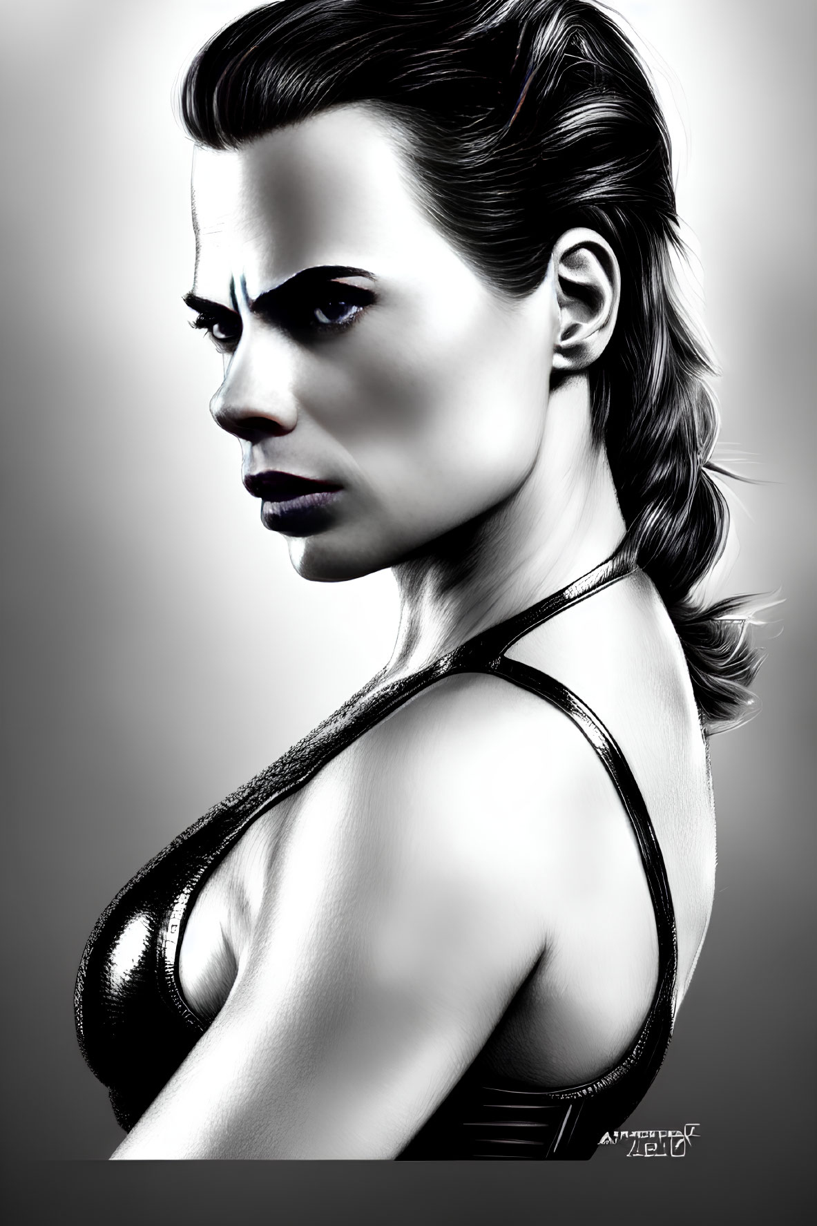 Monochrome digital artwork of stern woman in strap dress with braided hair and dark lipstick