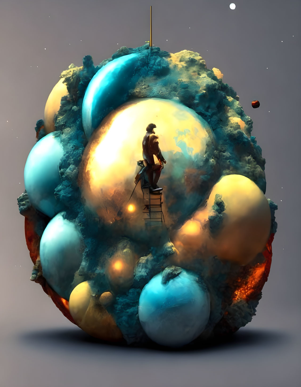 Person painting vibrant orb-like structures on ladder against dusky background