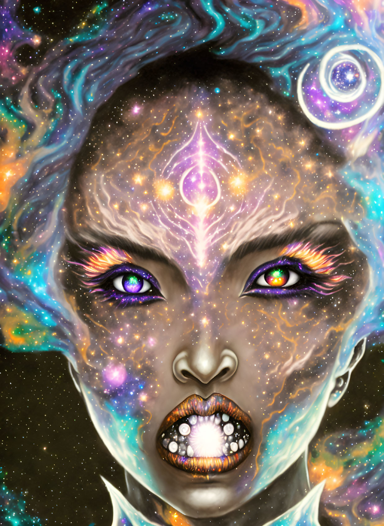 Vibrant cosmic portrait with starry space effect and third eye motif