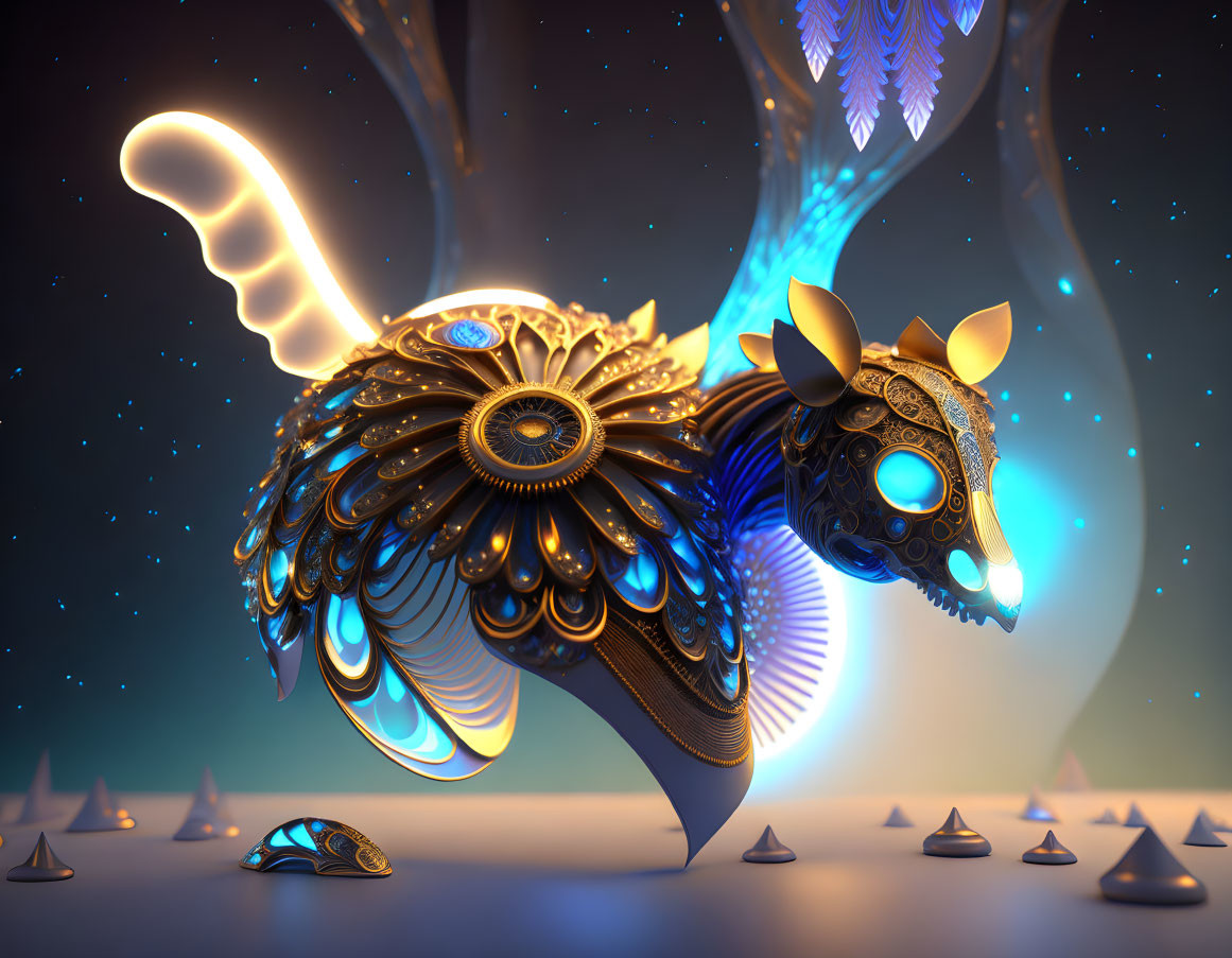 Mechanical owl with glowing blue eyes in twilight setting