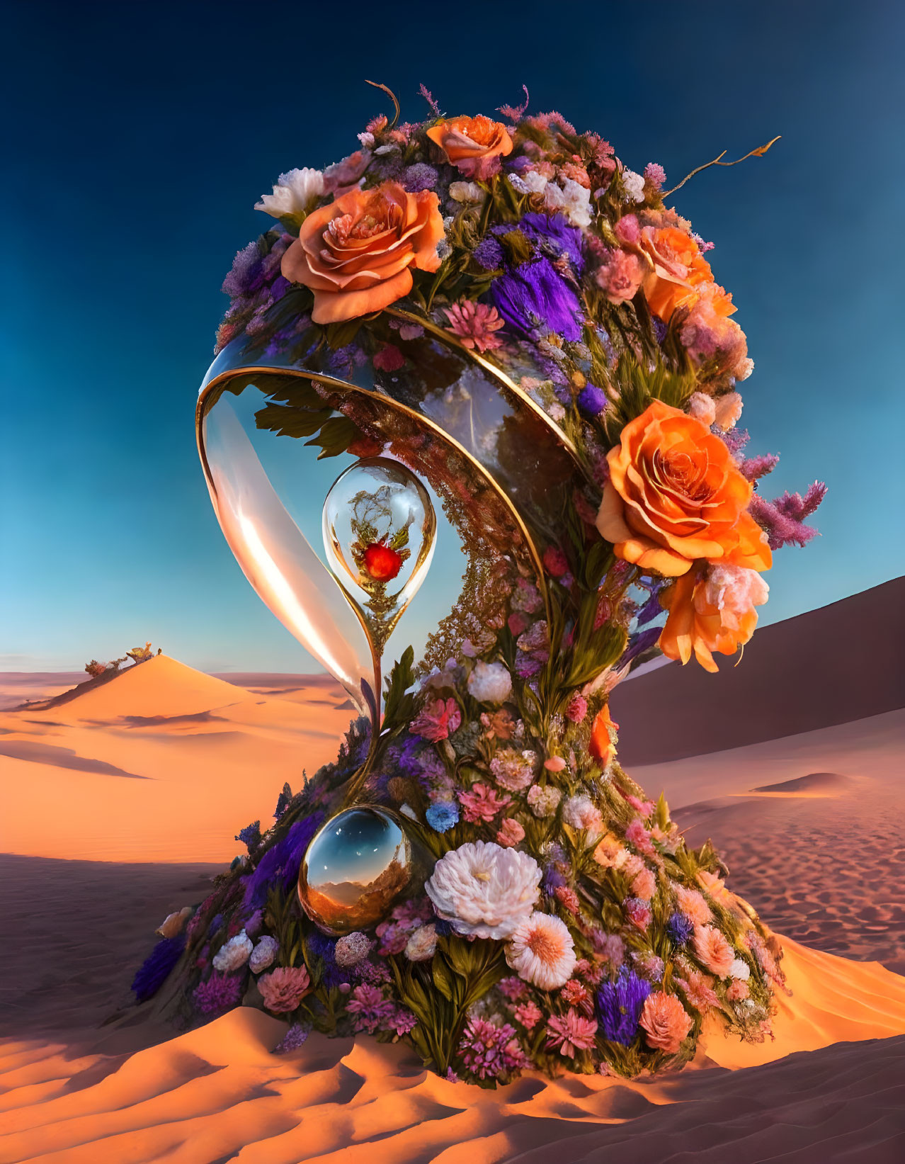 Surreal floral hourglass with flowing sands in desert backdrop