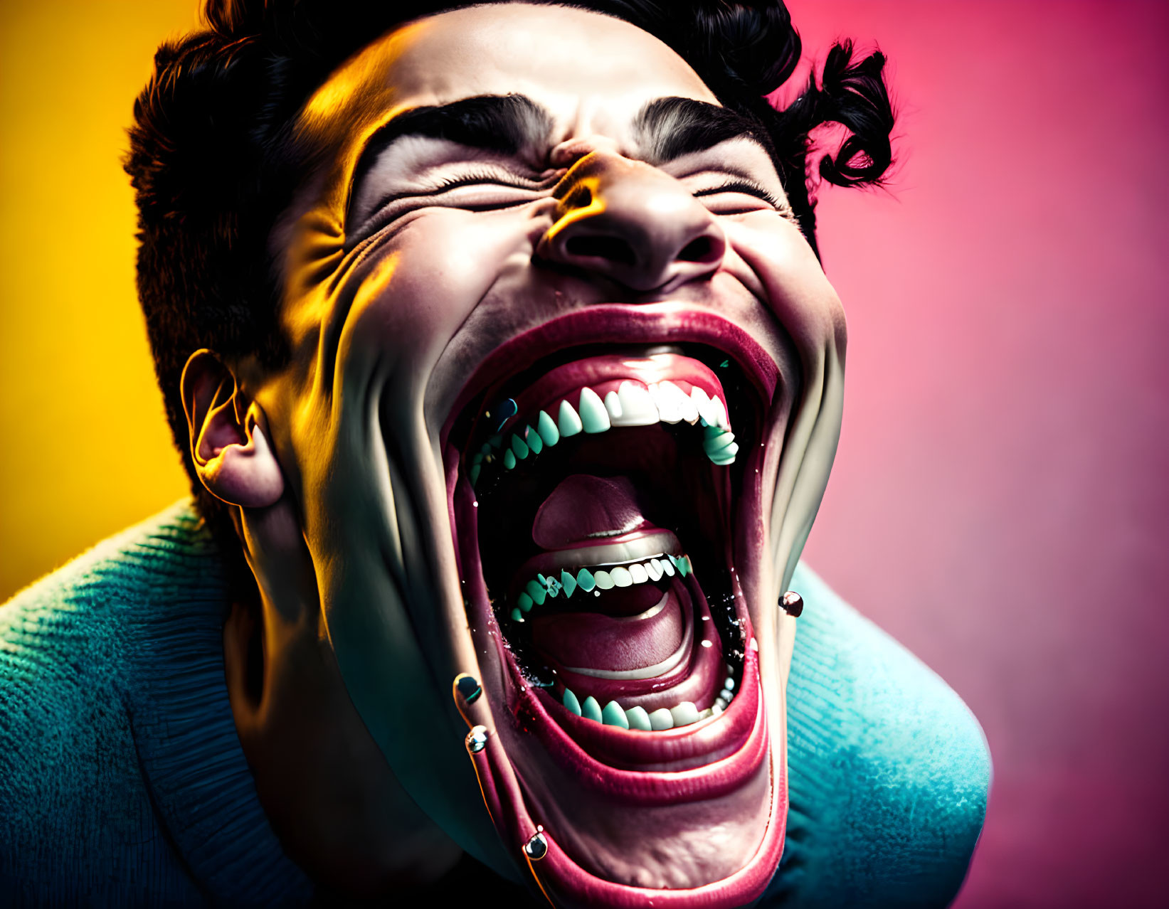 Surreal image of person with exaggerated facial features on vibrant background