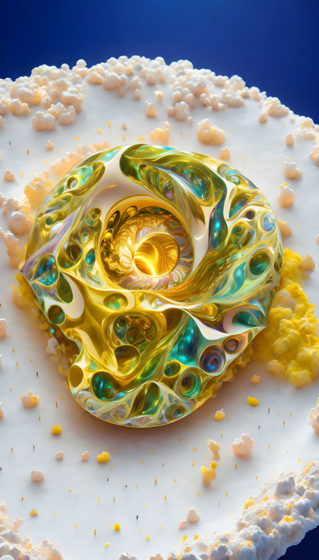 Colorful Abstract Artwork with Swirled Object in Green and Gold on Blue Background