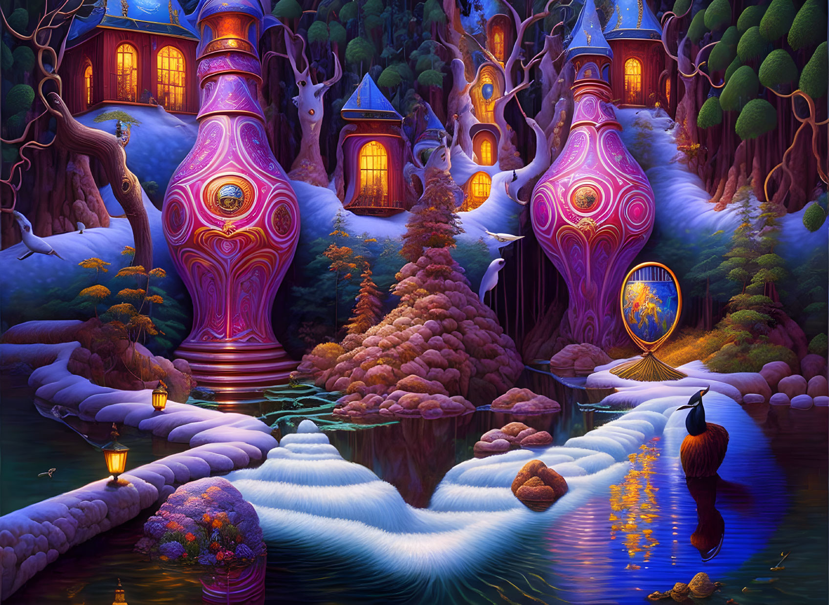 Fantasy landscape with whimsical bottle-shaped houses, river, waterfalls, swan, and lush