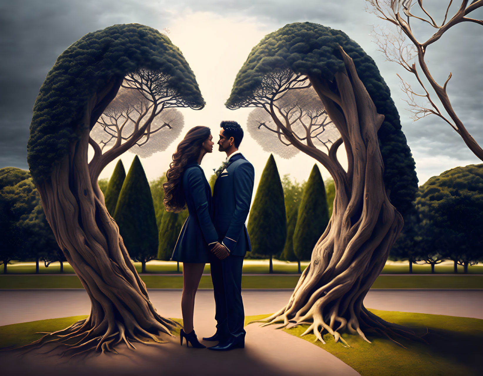 Romantic couple under heart-shaped trees at sunset