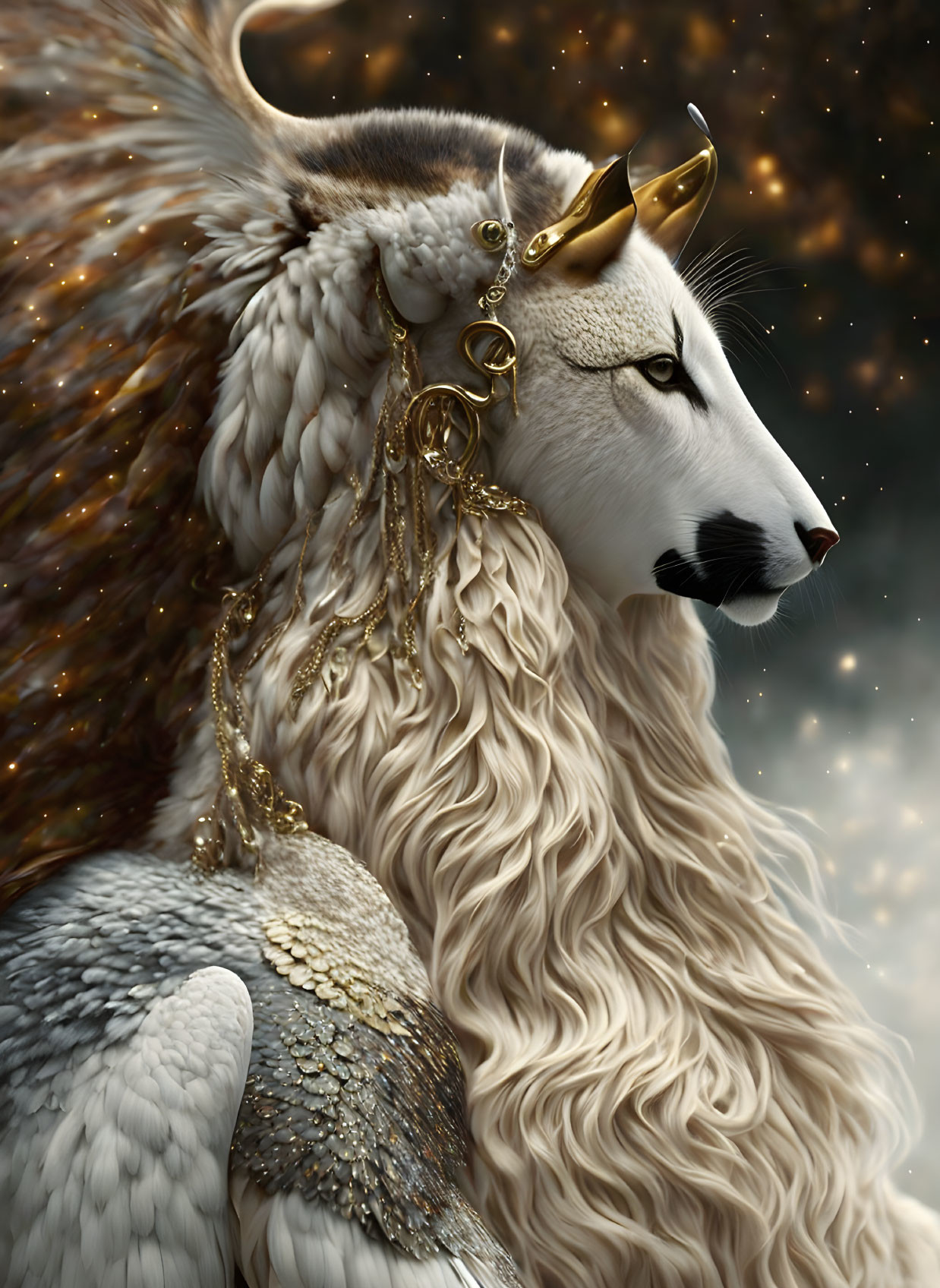 Majestic lion with golden horn and jewelry on starry background