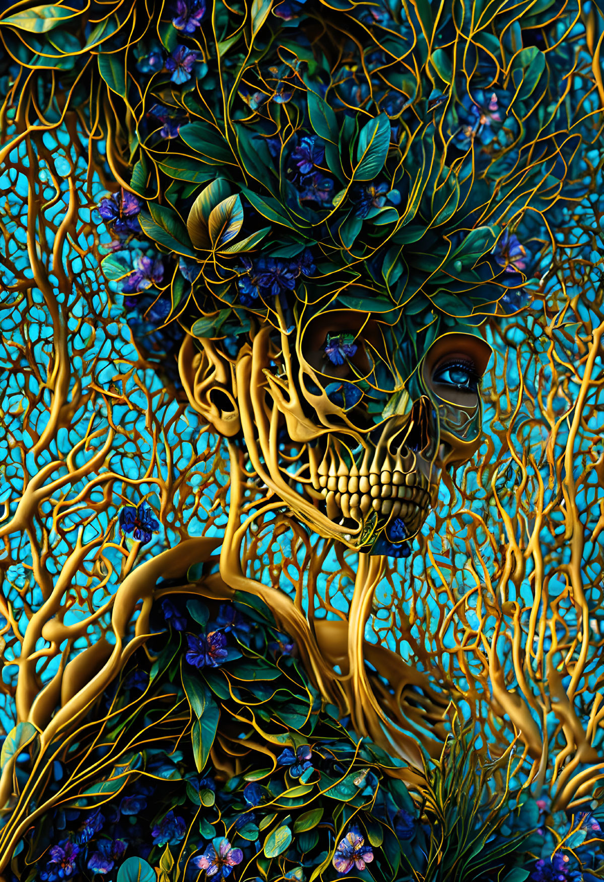 Colorful Digital Artwork: Skeleton with Blue and Gold Plant Designs