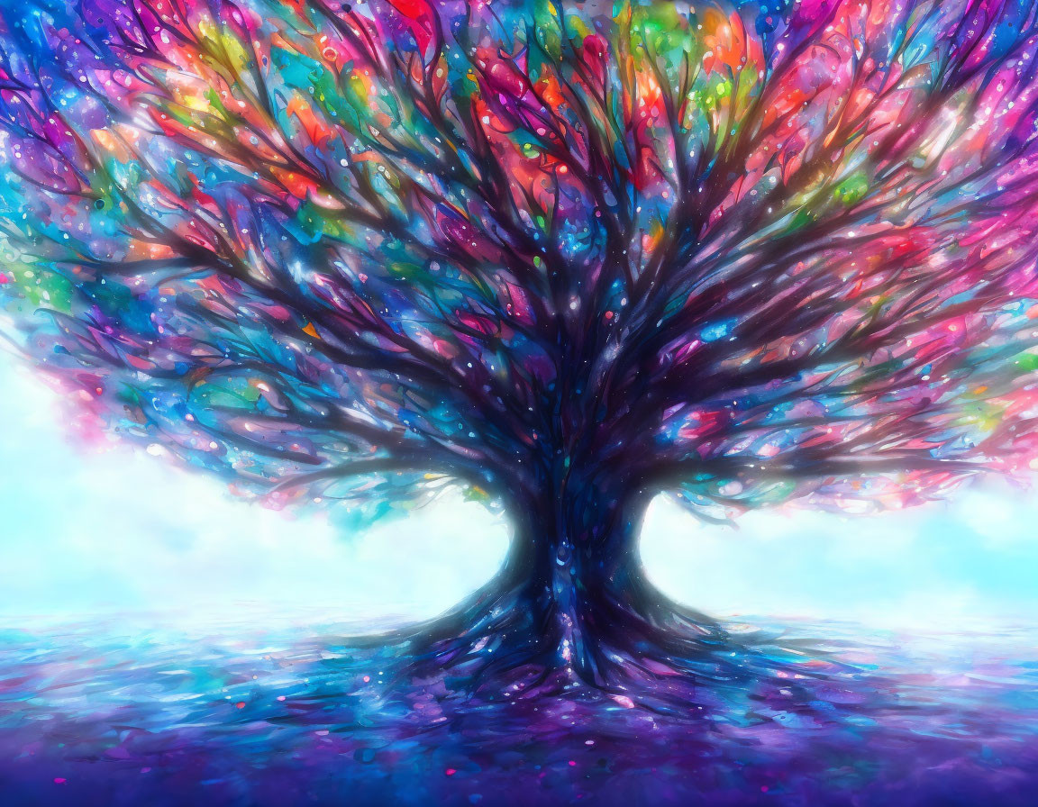 Colorful Rainbow-Hued Tree Against Soft Luminous Background