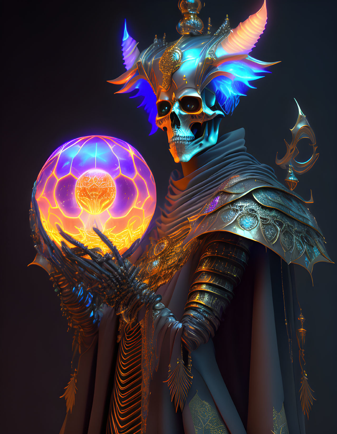 Skeletal figure with ornate horns and armor holding mystical orb