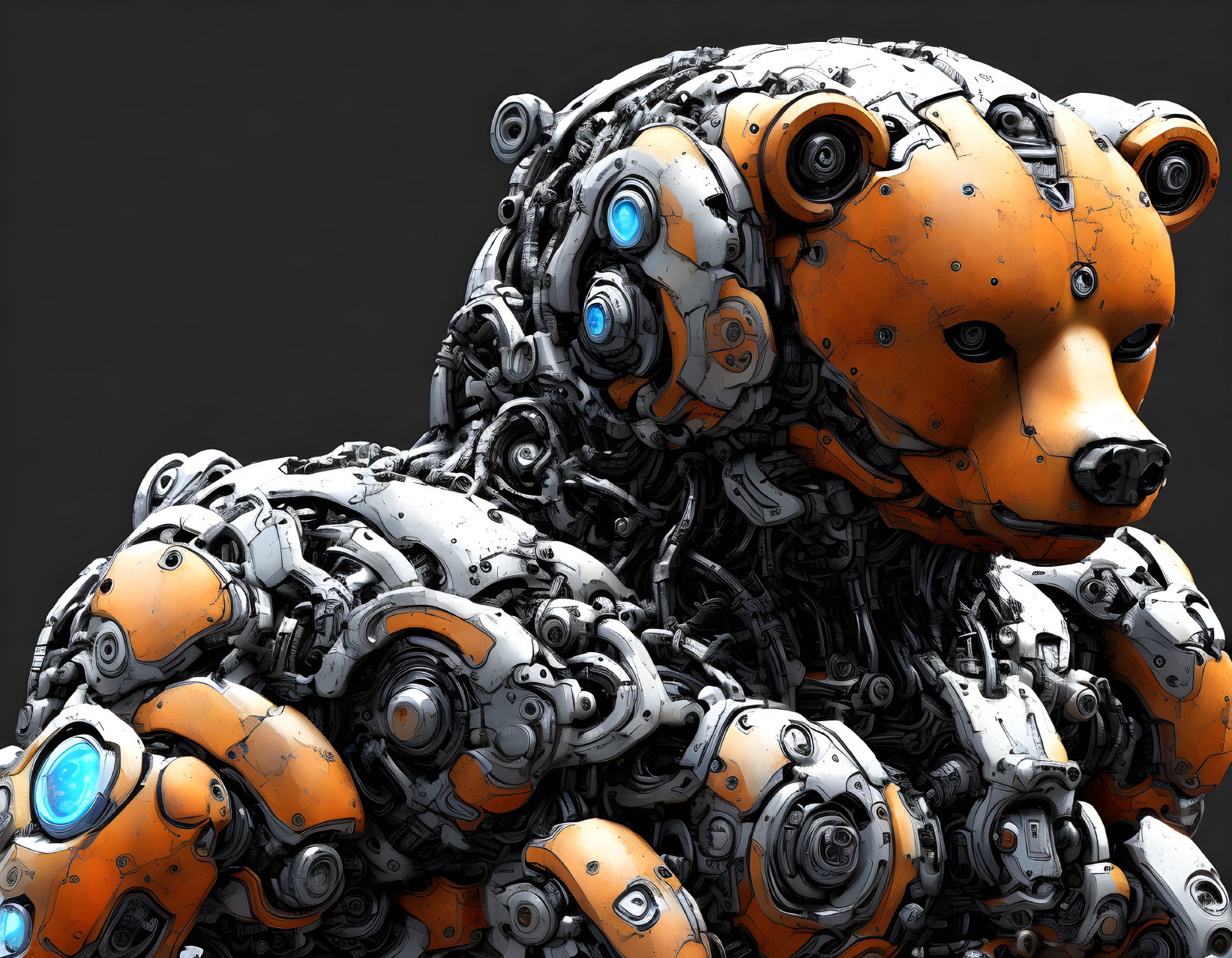 Detailed 3D Rendering of Mechanical Bear with Orange and Silver Parts