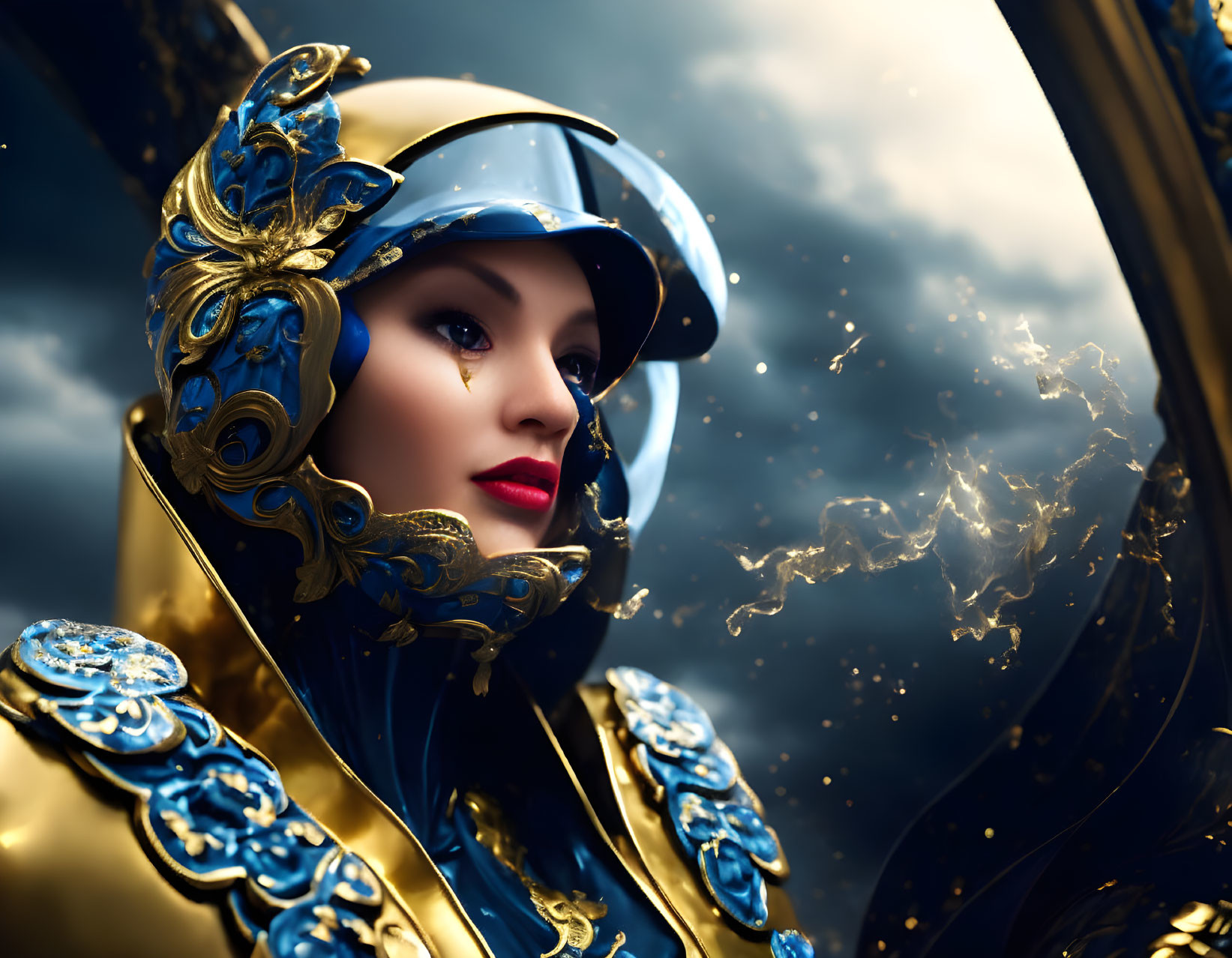 Stylized golden and blue helmet with ornate patterns and red lipstick face.