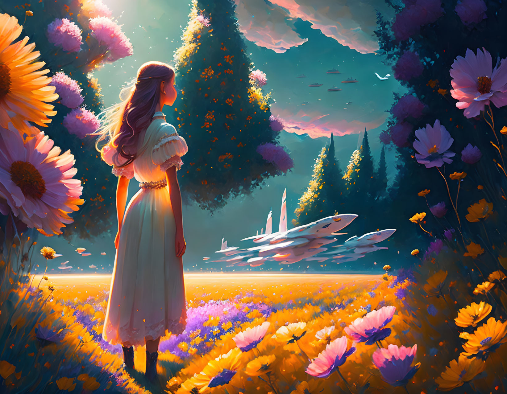 Young girl in flower field at dusk with forest, sky, and spaceship.