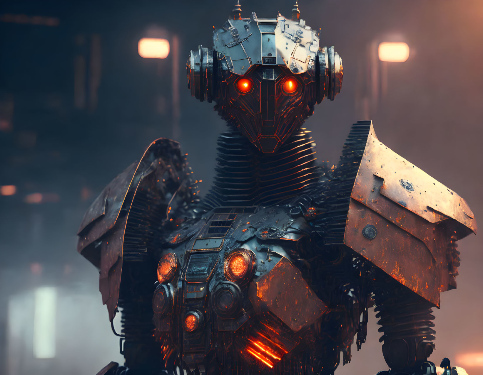 Detailed Robot with Glowing Red Eyes in Hazy Atmosphere