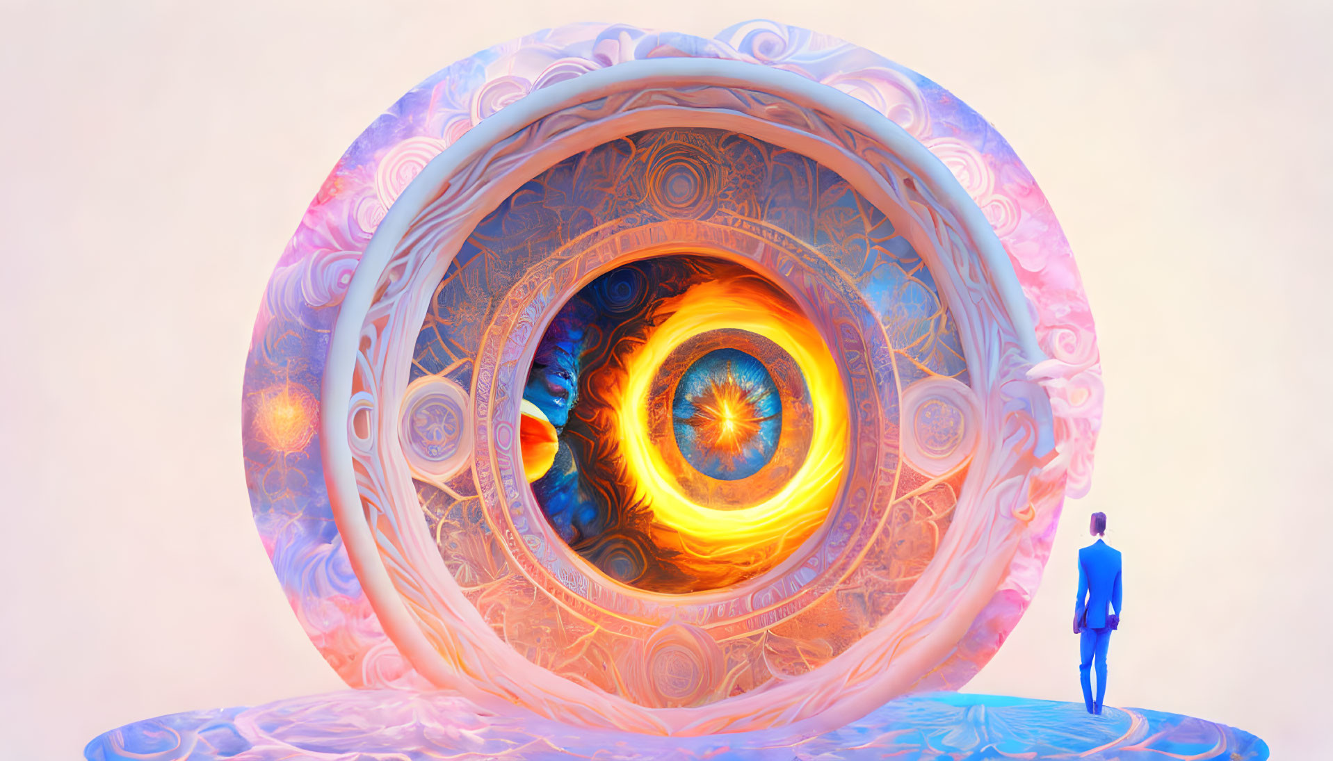 Person gazes at surreal, vibrant portal with intricate eye-like vortex on pastel backdrop