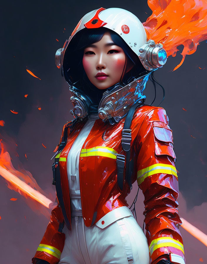 Futuristic female astronaut in reflective helmet and orange space suit against dark background