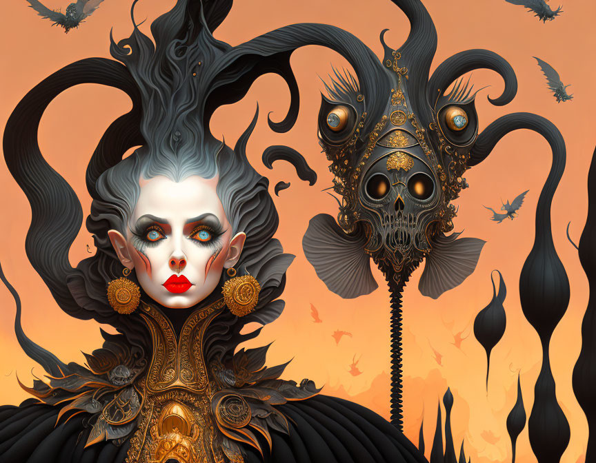 Pale woman with dark hair and makeup beside ornate tentacled mask on orange background