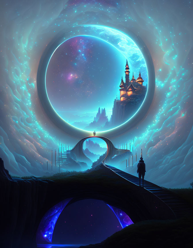 Person gazes at otherworldly portal with fantastical castle in star-filled sky.