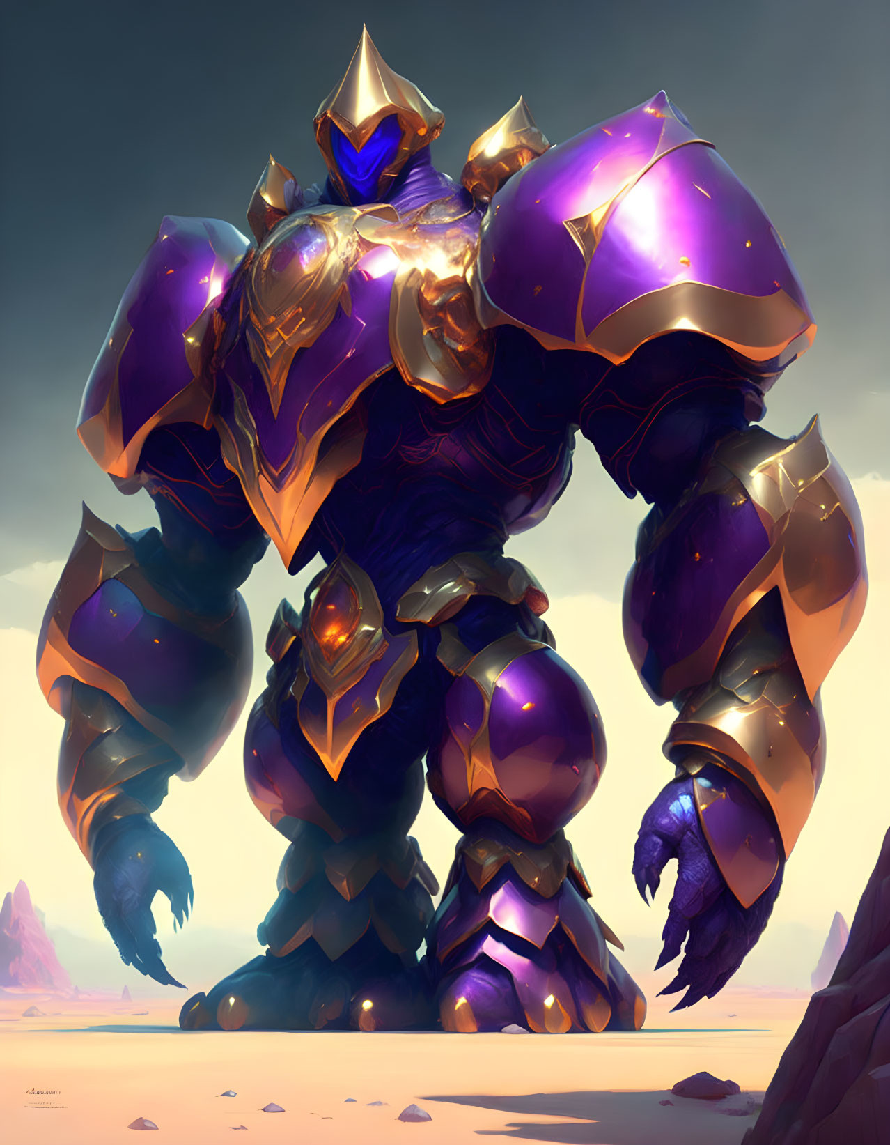 Armored giant with blue crystal chest under hazy sky in purple armor