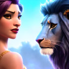 Stylized digital art: Woman with purple hair and lion with golden earring in serene setting