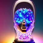 Colorful Digital Artwork: Crystalline Human Head with Blue Sunglasses on Gradient Background