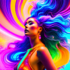 Colorful digital artwork: Woman with flowing, neon hair in psychedelic swirls