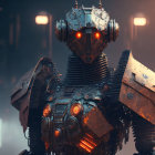 Detailed Robot with Glowing Red Eyes in Hazy Atmosphere