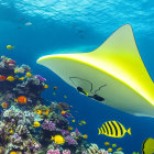 Surreal underwater lion with vibrant flowers and glowing manta ray