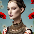 Female figure with human-robotic fusion and poppy motifs