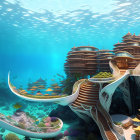 Sleek buildings in futuristic underwater city with tube-like bridge