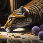 Realistic Tiger Profile Painting with Purple Spheres and Leaves