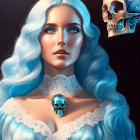 Digital artwork: Woman with white hair, blue eyes, golden dress, blue gem necklace, beside glowing