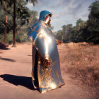 Golden-armored warrior in desert with crystals and vegetation.