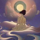 Woman Sitting on Clouds Gazing at Moon in Purple Sky