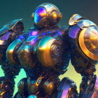 Detailed futuristic robot with iridescent surface on teal and orange backdrop