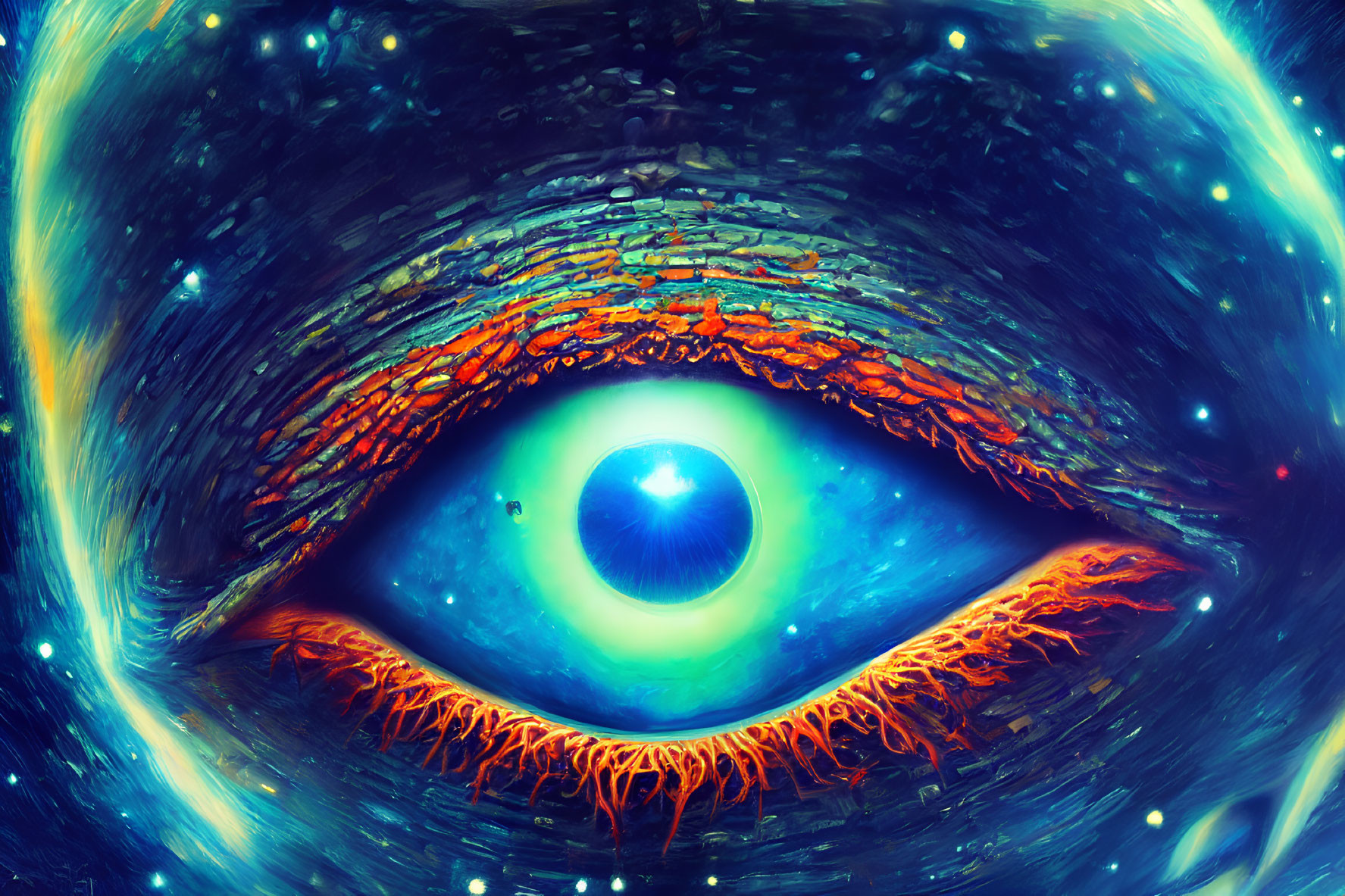 Colorful digital art: cosmic eye with blue iris in swirling galaxy pattern.