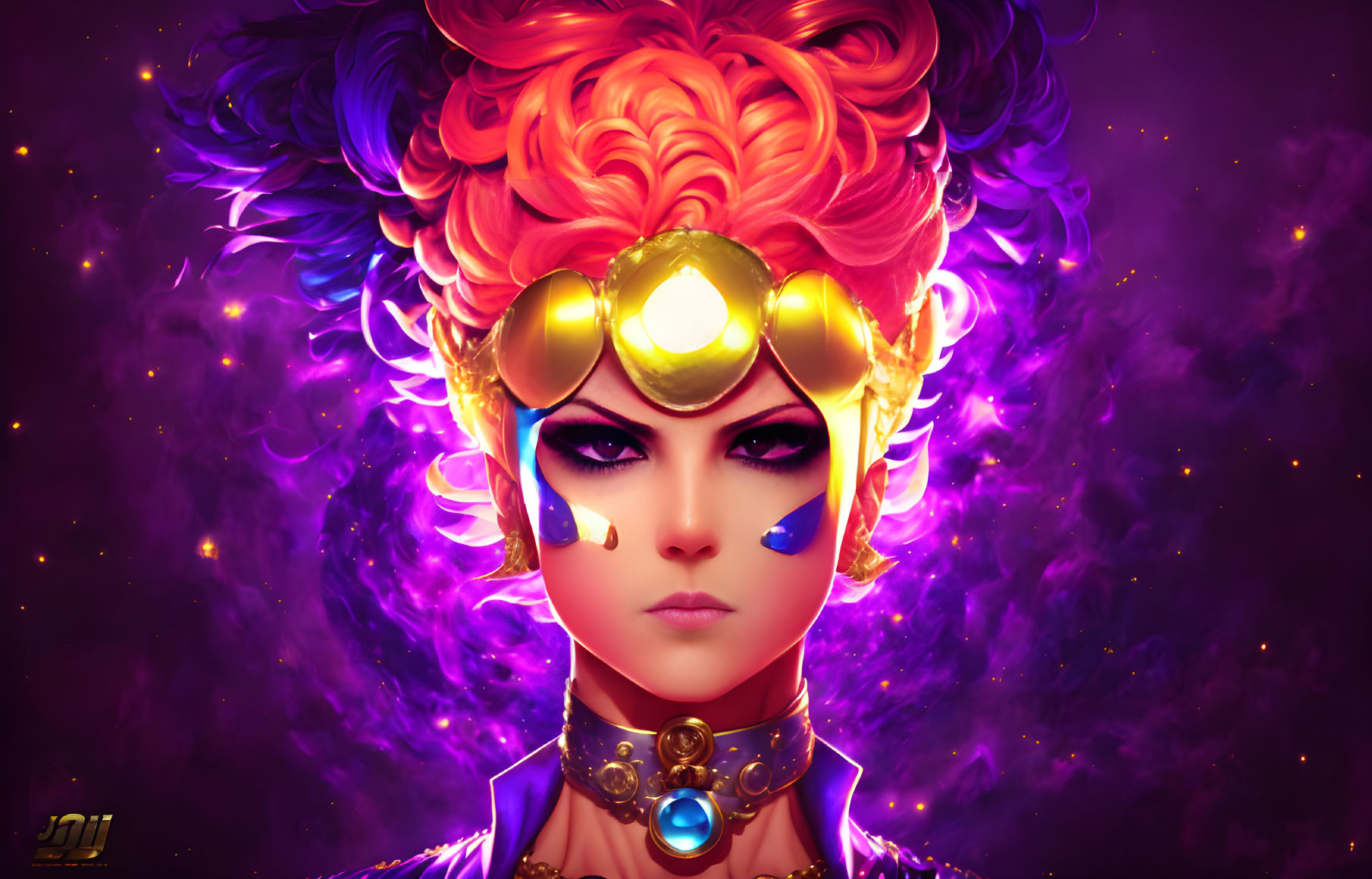 Character with Fiery Red-Orange Hair and Golden Crown on Purple Cosmic Background