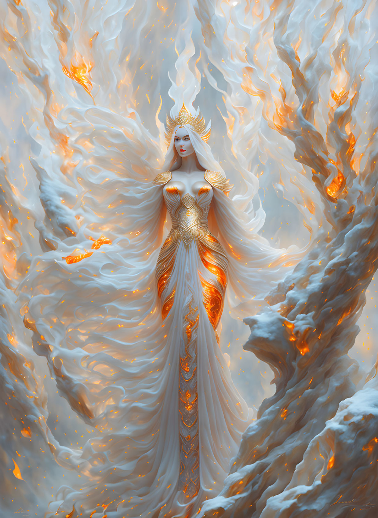 Ethereal figure in white skin and golden attire surrounded by swirling smoke or clouds