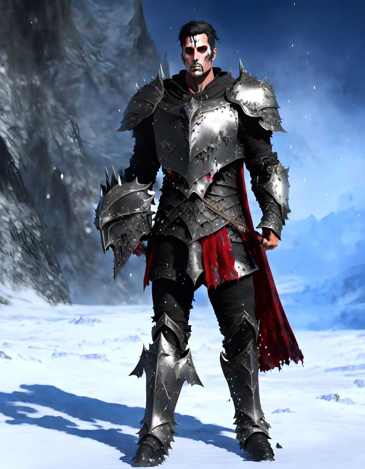 Dark-haired warrior in silver armor with red cloak in snowy landscape