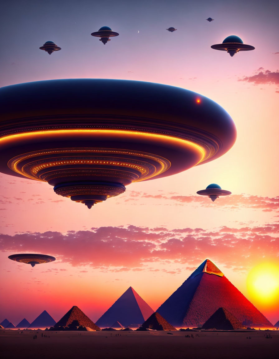 Massive UFOs float over Egyptian pyramids at sunset.