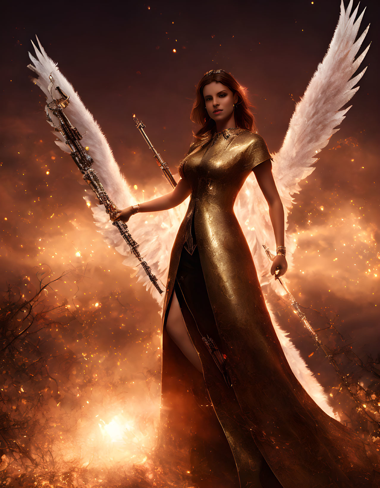 White-winged figure in golden dress with spear against fiery background