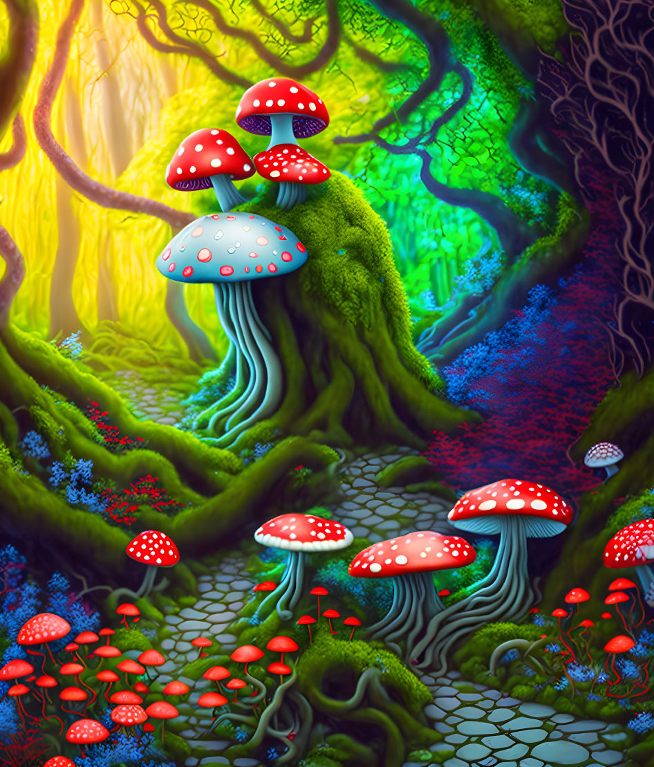 Fantasy forest with giant red-capped mushrooms and moss-covered trees