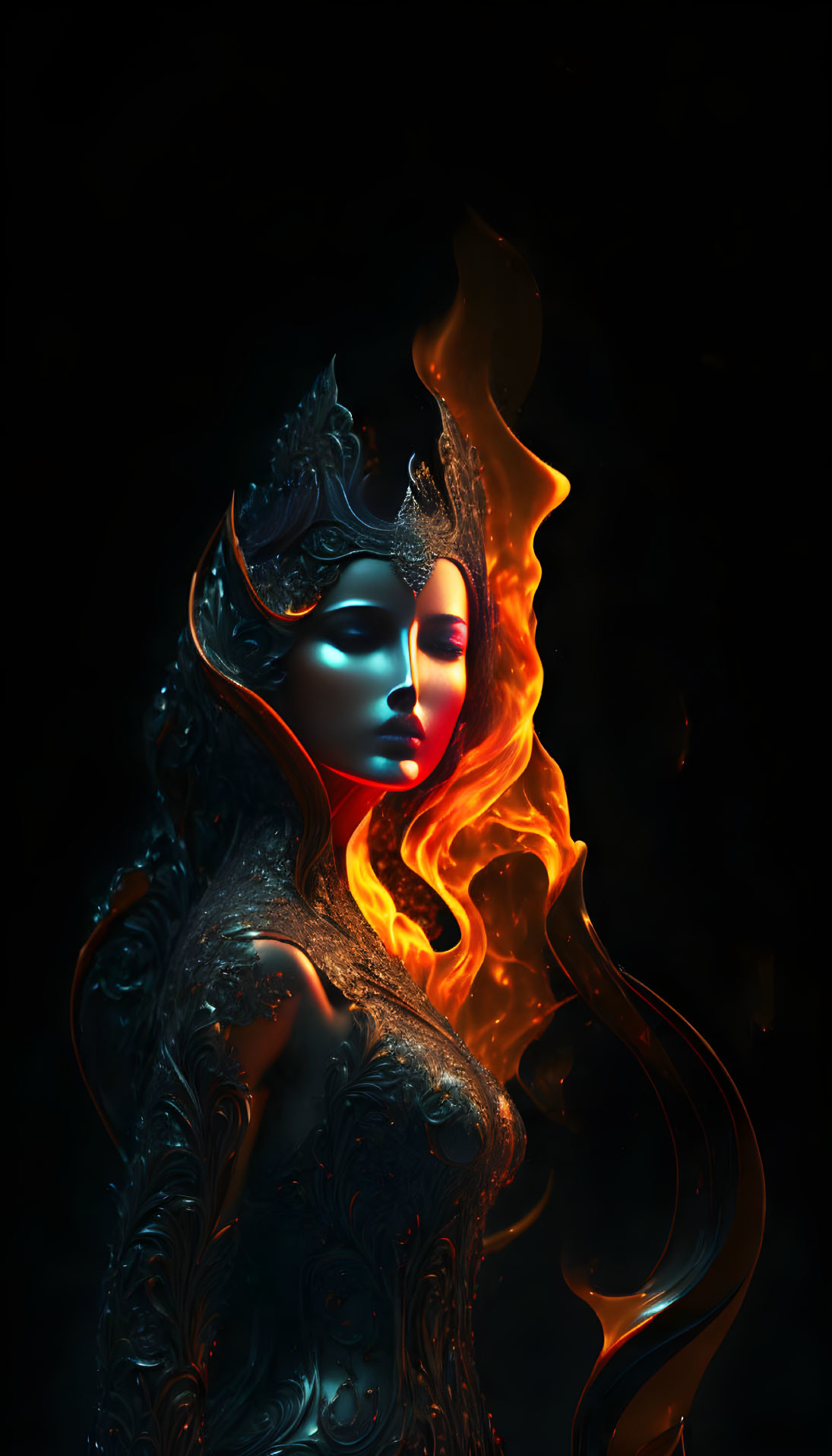 Fantasy queen digital artwork with fiery aura and ornate crown.