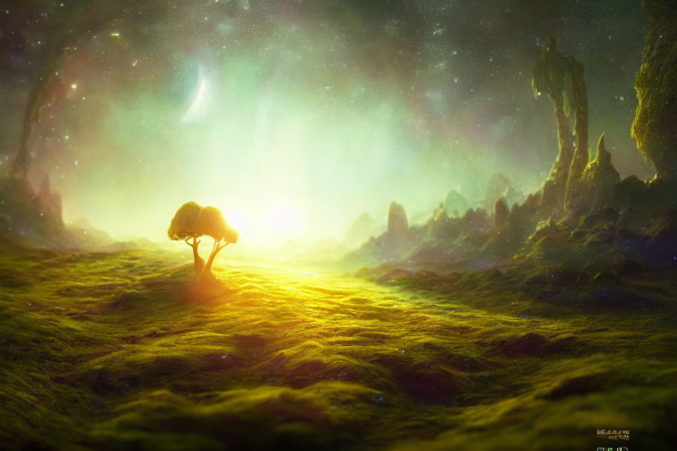 Solitary tree on vibrant mossy landscape under celestial sky