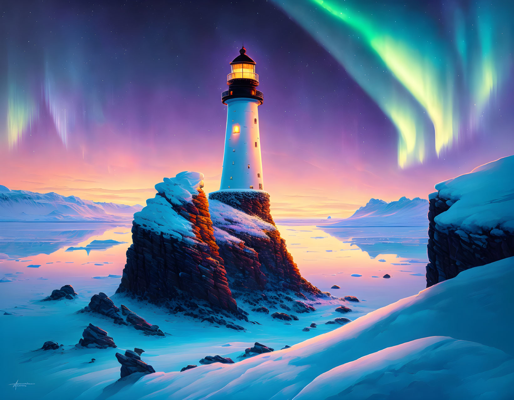 Snowy Cliff Lighthouse under Twilight Sky with Aurora Borealis