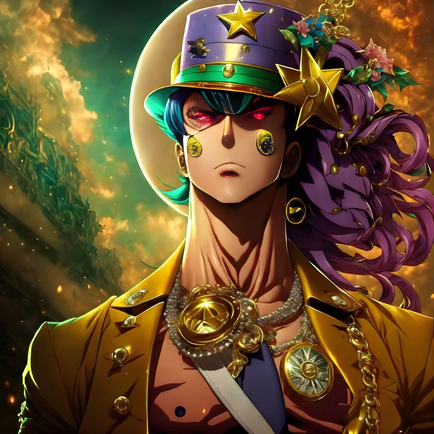 Stylized character with blue hair in golden attire against fiery backdrop