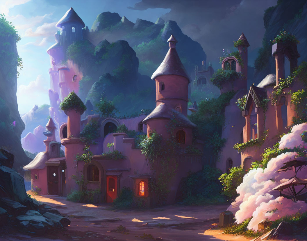 Whimsical pink and purple castle buildings in fantasy landscape