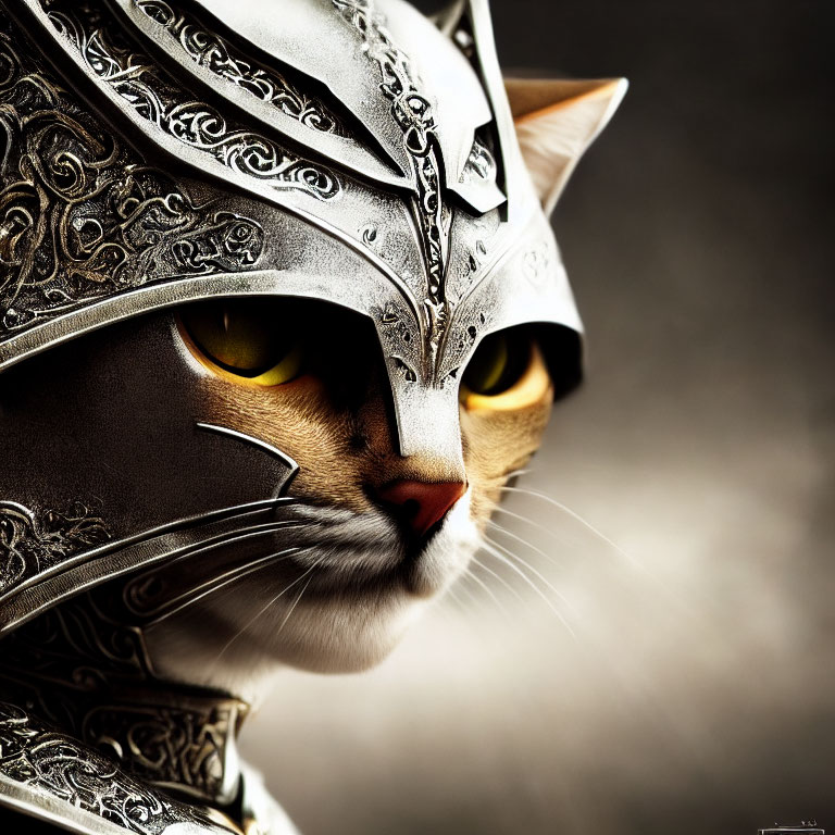 Digital artwork: Cat in medieval silver armor and helmet